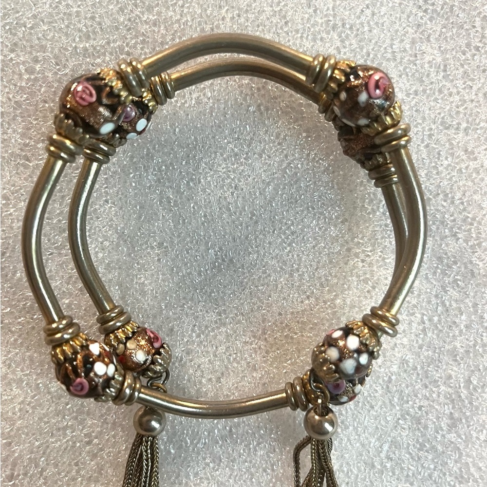 Beaded Double Bangle Wrap Bracelet with Tassels